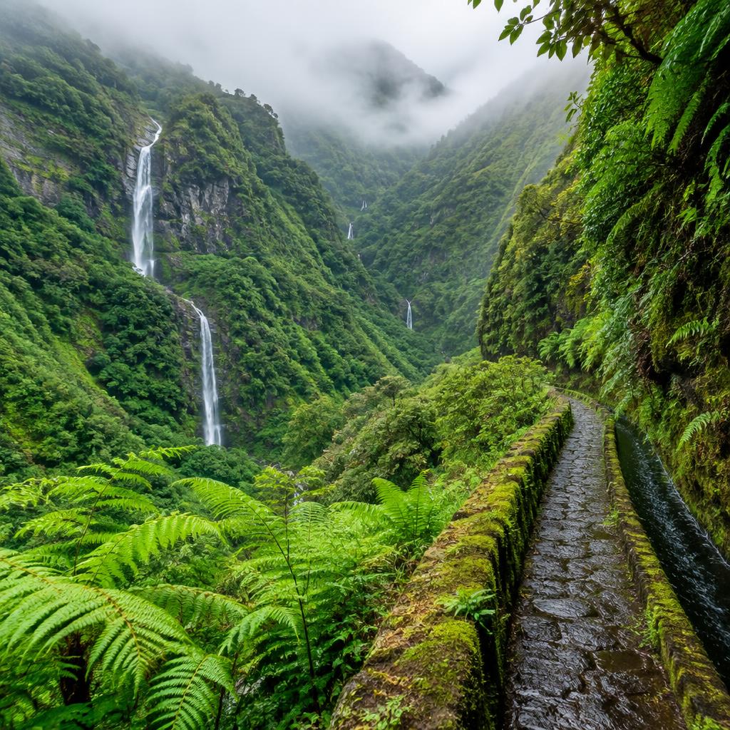 Een groene levada door het landschap van Madeira